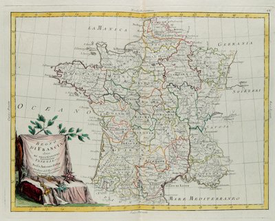 Francouzské království rozdělené na své vlády, rytina G. Zuliani převzatá z Toma I. z Nejnovějšího atlasu vydaného v Benátkách v roce 1776 Antoniem Zattou, Soukromá sbírka od G. Zuliani