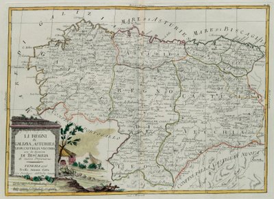 Království Galicie, Asturies, Leon, Castilla Vieja s Radou Biscallia, rytina G. Zuliani převzatá z Toma I. z Nejnovějšího atlasu vydaného v Benátkách roku 1776 Antoniem Zattou, Priva od G. Zuliani