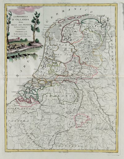 Holandská republika rozdělená na své provincie, rytina G. Zuliani převzatá z Toma I. z Nejnovějšího atlasu vydaného v Benátkách v roce 1776 Antoniem Zattou, Soukromá sbírka od G. Zuliani