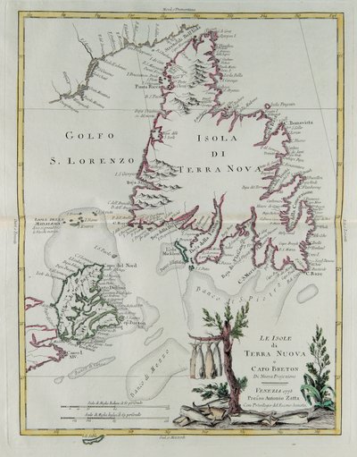 Ostrovy Newfoundland a Cape Breton, rytina G. Zuliani převzatá z Toma I. z „Nejnovějšího atlasu“ vydaného v Benátkách v roce 1778 Antoniem Zattou, Soukromá sbírka od G. Zuliani