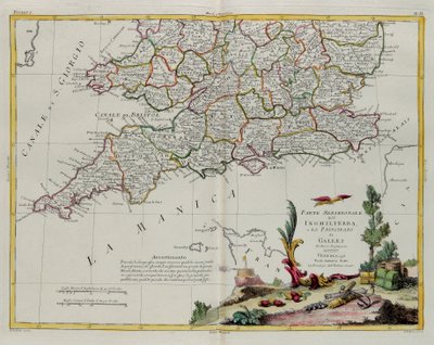 Jižní část Anglie a Principate of Wales, rytina G. Zuliani převzatá z Toma I. z Nejnovějšího atlasu vydaného v Benátkách v roce 1778 Antoniem Zattou, Soukromá sbírka od G. Zuliani