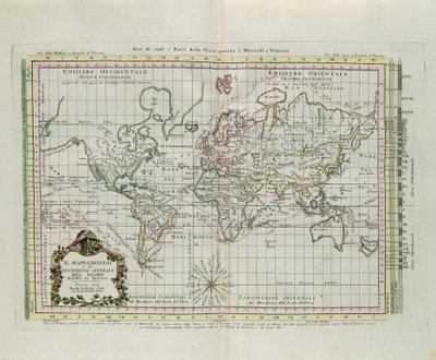 Mapa světa a obecný popis zeměkoule, zmenšený na obrázek, rytina G. Zuliani převzatá z Toma I. z "Nejnovějšího atlasu" vydaného v Benátkách v roce 1774 Antoniem Zattou od G. Zuliani
