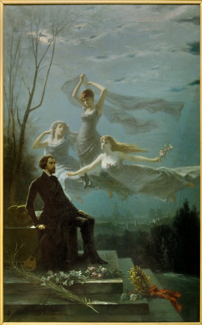 Romantismus: „Noci Musset““ Francouzský básník Alfred de Musset (1810-1857) inspiroval Múzy k napsání „Nocí““ Obraz Gabriela Aimable de la Foulhouze (1825-1887). 1886 Olej na plátně Clermont Ferrand (Clermont-Ferrand). Rogere od Gabriel-Amable de Lafoulhouze