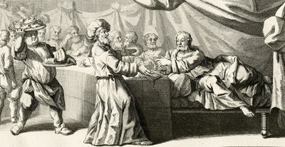Ježíš pozval na večeři s farizeem, ilustrace z evangelia svatého Lukáše, kapitola 11:37, 1728 od Gabriel Francois Louis Debrie