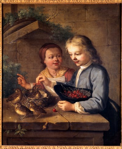 Dětská becquee Dexu dává ptáčkům třešně. Obraz Gabriela Greslyho (1712-1756) 18. století Dijon, Muzeum výtvarných umění od Gabriel Gresly