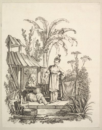 Sedící Číňan a žena nesoucí rybu, ca. 1742. od Gabriel Huquier