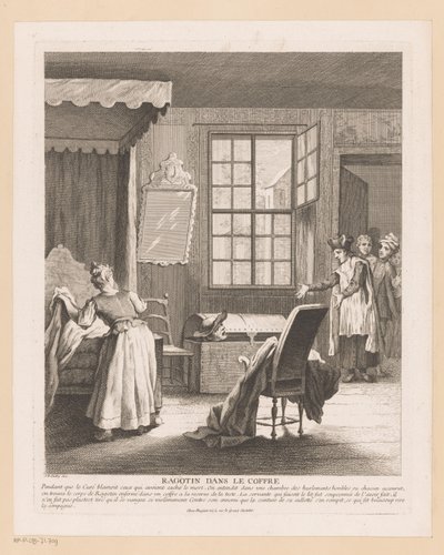 Slaapkamerinterieur se setkal s Ragotinem v een kist Drby v kufru (název na předmětu) Scény od Romana Comique van Scarrona (název série) od Gabriel Huquier