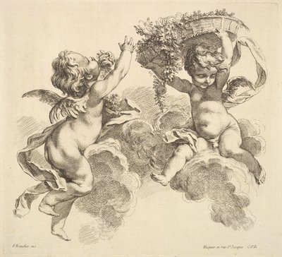 Dvě děti, jedno drží košík s květinami, 1738-45. od Gabriel Huquier