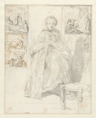 Studijní list s čtecí ženou a několik náčrtů od Gabriel Jacques de Saint Aubin