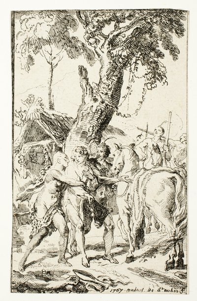 Útěk pana de Belle-Isle, vězně v Attakapas, deska čtyři z Les Nouveaux Voyages aux Indes Occidentales od Gabriel Jacques de Saint Aubin