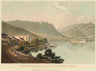 Pohled ze Stresy na Krásný ostrov (Isola Bella, Lago Maggiore), před rokem 1820 (akvarel přes lept a akvatinta na tkaném papíře) od Gabriel L. and Lory Mathias G.  Lory