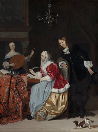 Mladá žena skládající skladbu hudby od Gabriel Metsu