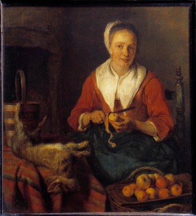 Jablečná slupka. Žena loupe jablka a vaří s králíkem. Obraz Gabriel Metsu (1629-1667) Ec. Hol. od Gabriel Metsu
