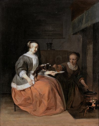 Mladá žena a služebná krmí psa palačinkou od Gabriel Metsu