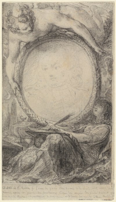 Alegorický rám s píšícím géniem a zahalenou ženou, asi 1769 (černá křída na papíře) od Gabriel de Saint-Aubin