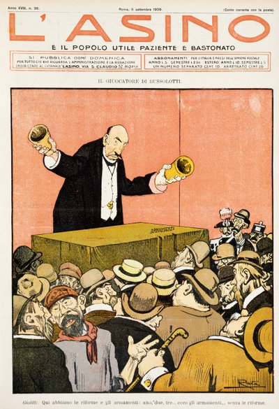 Shell game player, satirická karikatura věnovaná Giovanni Giolitti (1842-1928), z časopisu L