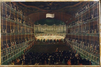 Jídlo v divadle San Benedetto – “”Recepce na počest princů Severu”” Banket, na kterém se sejdou velvyslanci. Obraz Gabriela Belly (1730-1799) Benátky 18. století, Galleria Fondazione Querini Stampalia od Gabriele Bella