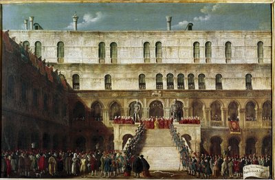 Uvedení dóžete na schodiště Geantů (Korunovace dóžete na Scala dei Giganti v Benátkách) - obraz Gabriele Bella (ca. Benátky, nadace Querini Stampalia od Gabriele Bella