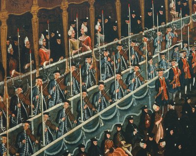 Oběd v divadle San Benito nabízený Dóžetem na počest princů severu, Benátky, Gabriel Bella (1730-1799), olej na plátně, Detail od Gabriele Bella