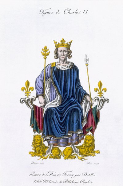 Postava Karla VI., vyrytá Amedee Peree, z „Histoire des Rois de France“ (barva litho) od Gabrielle Willemin