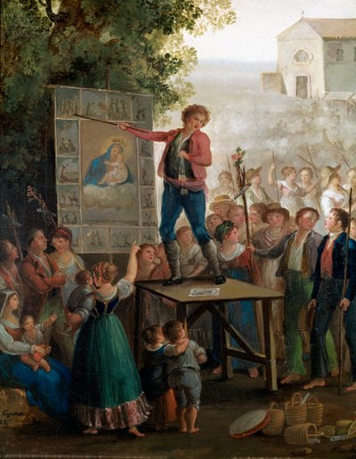 Pouliční umělec zpívající zázraky Panny Marie na svátku Madonna dell