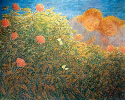 Květiny a motýli, Gaetano Previati (1852-1920), olej na plátně od Gaetano Previati