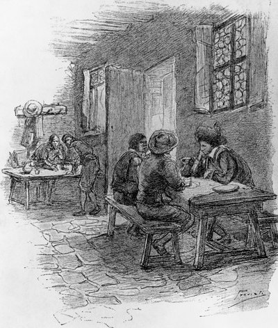 Renzo, Tonio a Gervase v hostinci, kapitola VII, ilustrace Gaetana Previatiho (1852-1920) pro Věrnost, historický román Alessandra Manzoniho (1785-1873) od Gaetano Previati