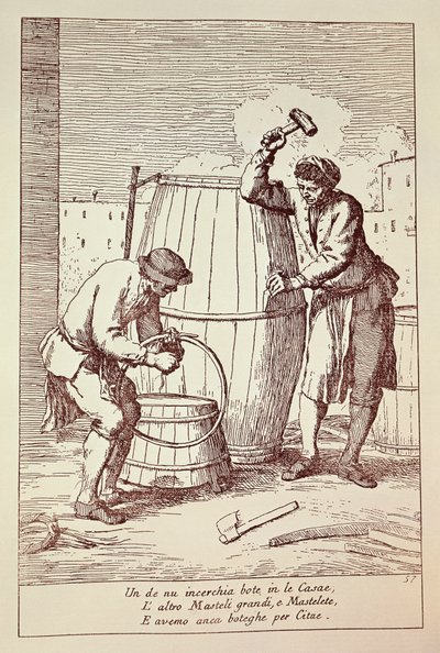 Bednáři při práci, rytina Gaetana Gherardo Zompini (1700-1778) z Umění každodenního života ve městě Benátky, Itálie od Gaetano Zompini