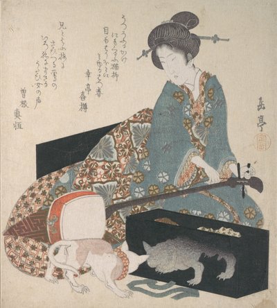 Žena ladící Shamisen a kočka při pohledu na svůj vlastní odraz, polovina 20. let 19. století. od Gakutei