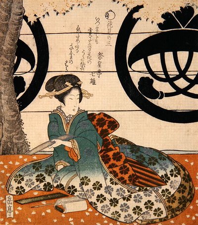 Beauty Viewing Flowers (barevný dřevořez) od Gakutei Harunobu