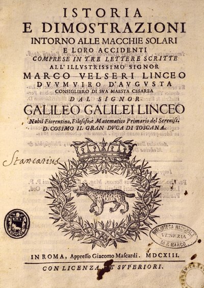 Titulní strana Historie a ukázky týkající se slunečních skvrn a jejich vlastností od Galileo Galilei