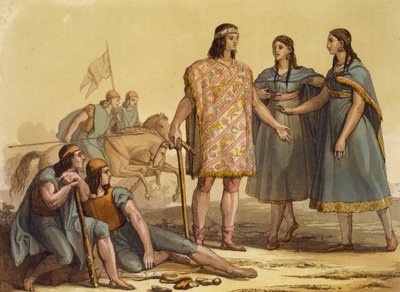Domorodci z kmene Araucani, Argentina, z Le Costume Ancien et Moderne, svazek II, deska 37, od Julese Ferraria, vydáno kolem 20.–30. let 19. století od Gallo Gallina