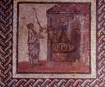 Gallo Roman Art: mozaiková dlažba představující rustikální kalendář. Práce má brusný kotouč. Konec 2., začátek 3. století po JC. Ze Saint-Romain-en-Gal (Rhone). Saint Germain en Laye, Národní muzeum archeologie od Gallo Roman
