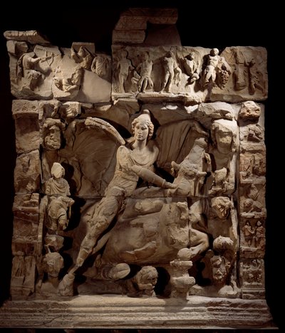 Gallo Roman Art: reliéf zobrazující Mithru, boha světla s býkem. Z chrámu Mithraeum. 50 př. n. l. – 100 n. l. Metz. Muzeum výtvarných umění od Gallo Roman