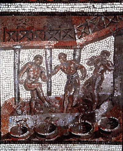 Scéna šlapání hroznů v kádi. (mozaika, konec 2., začátek 3. stol.) od Gallo Roman