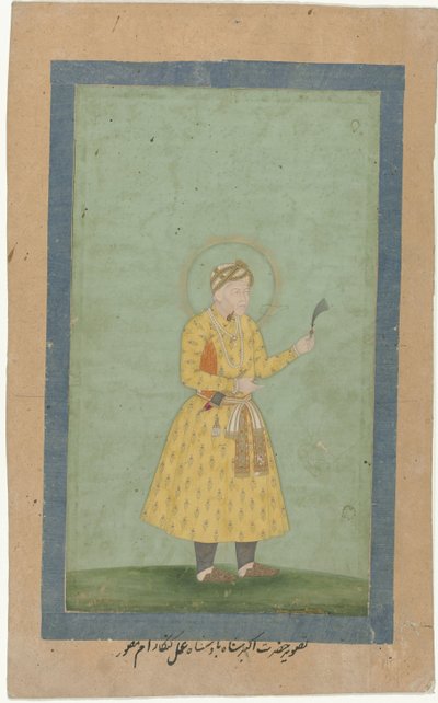 Portrét Akbara, stojícího, s chocholem v ruce od Gangaram (attributed to)