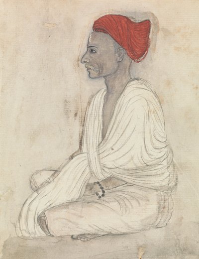 Muž v červeném turbanu sedí se zkříženýma nohama od Gangaram Chintaman Tambat