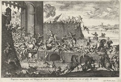 Od Franse Furie te Antwerpen, 1583 Neúspěšná společnost vévody z Anjou na město Amberez v roce 1583 (název na předmětu) od Gaspar Bouttats