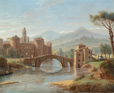 Říční krajina s mostem vedoucím do opevněného města (olej na mědi) od Gaspar van (1653-1736) Wittel