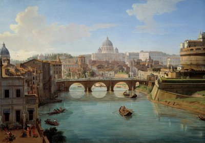 Pohled na baziliku sv. Petra v Římě, detail obrazu „“ Pohled na hrad sv. Angela v Římě“ Panorama města, Tibery a Castel Sant „Angelo, mauzolee císaře Hadriána““ Malba od Gaspare Vanvitelli od Gaspar van Wittel