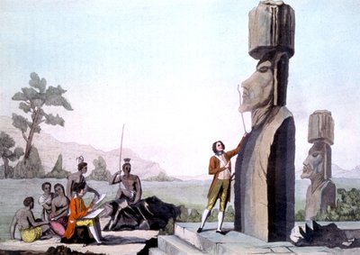 La Perouse se svou posádkou, měření soch na Velikonočním ostrově (1786), rytina od Gaspard (after) Duche de Vancy