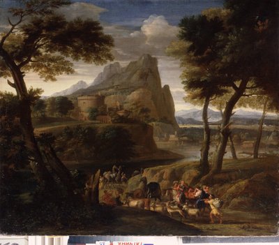 ""Krajina se skupinou cestovatelů"" (Krajina s karavanou) Malba Gasparda Dugheta (1615-1675) Státní muzeum pod širým nebem 17. století Palác Gatchina, Petrohrad od Gaspard Poussin Dughet