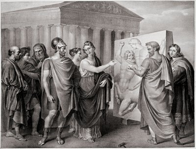 Athénský politik Pericles (495-429 př. n. l.) a jeho společník Aspasie řídí Phidiasovo dílo pro Parthenon a Athenes (Perikles a Aspasia řídí dílo Phidias pro Parthenon v Aténách) Rytina podle obrazu Gaspare Landiho (1756-1830). 19 od Gaspare Landi