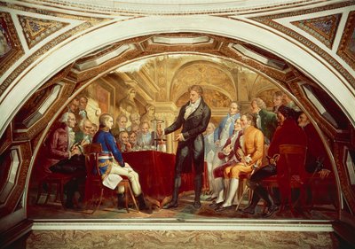Alessandro Volta (1745-1827) vystavuje svou nově vynalezenou baterii Napoleonovi (1769-1821) v Institut de France v Paříži, 7. listopadu od Gaspero Martellini