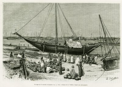 Týpí na trhu Zanzibar (Tanzanie). Rytina G.Vuilliera k ilustraci příběhu Plavba mezi Benadiry, Somálci a Bayouny, v roce 1882 a 1883, od G.Revoila, v le tour du monde 1888, režie Edouard Charton (1807-1890), Hachette, Paříž. od Gaston Vuillier