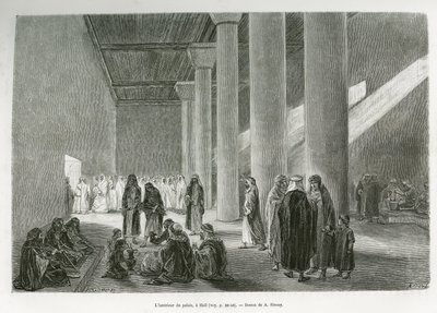 Uvnitř paláce Emira Muhammada Ibn Abdullaha Al Rashida (1872-1897), v Hail, Saúdská Arábie. Rytina G.Vuilliera pro ilustraci příběhu „“ pelerinage au Nedjed, kolébka arabské rasy“ od Lady Anny Blunt, v letech 1878-1879, publikovaná v Tour du mo od Gaston Vuillier