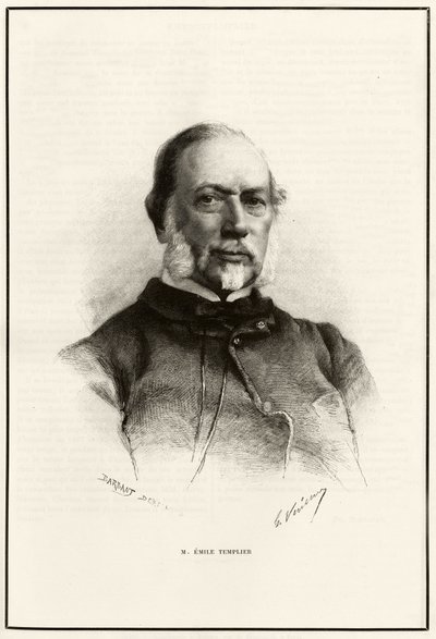 Portrét Emila Templiera (1821-1891), spolupracovníka Louise Hachette (1800-1864), odpovědného za výrobu „Tour du monde“. Rytina G.Vuilliera k ilustraci příběhu „Z Paříže do Tonkinu, přes neznámý Tibet““ od Gabriela Bonvala od Gaston Vuillier