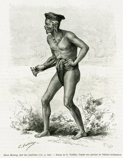 Sibou Mobang, hlava kanibalů. Rytina G.Vuilliera k ilustraci příběhu De Koutei a Bandjirmasin, plavba Borneem, od Carla Bocka, in le tour du monde 1890, režie Edouard Charton (1807-1890), Hachette, Paříž. od Gaston Vuillier