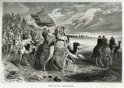 Berak, vlajka Emira Ibn Al Rashida (1872-1890) (Saúdská Arábie). Rytina G.Vuilliera pro ilustraci příběhu „“ pelerinage au Nedjed, kolébka arabské rasy“ od Lady Anny Blunt, v letech 1878-1879, publikovaná v Tour du monde, pod vedením od Gaston Vuillier