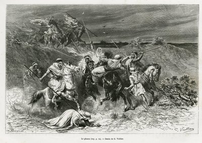 Ghazou nebo razzia, rabující rukou. Rytina G.Vuilliera pro ilustraci příběhu „“ pelerinage au Nedjed, kolébka arabské rasy“ od Lady Anny Blunt, v letech 1878-1879, publikovaná v Tour du monde, pod vedením Edouarda Chartona (1807- od Gaston Vuillier